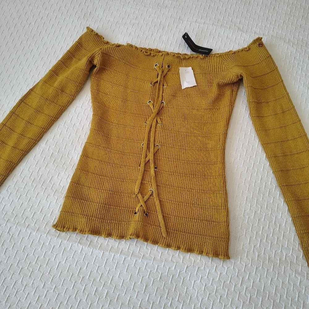 Ambiance Apparel Mustard Off-Shoulder Lace-Up Sweater Size L